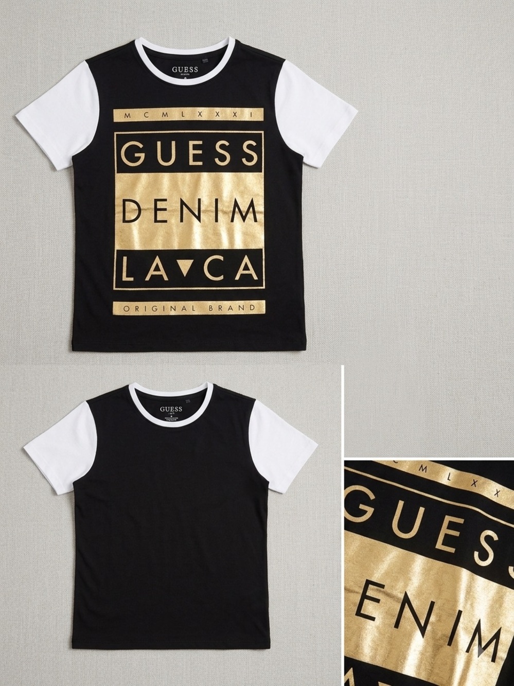 GUESS Black & White Short Sleeve Tee with Gold Foil Logo
